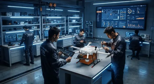 专业无人机维护人员在机库内检修设备